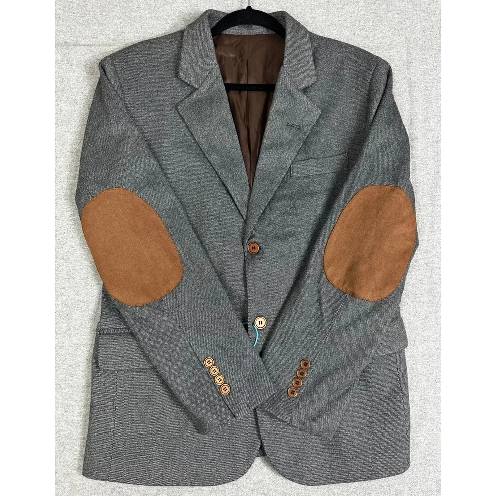 Unbranded Blazer Elbow Patches Mens 40R Small Grey Two Button‎ Sport Coat